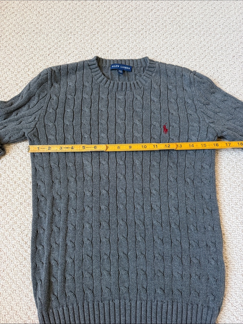 Ralph Lauren Gray Cable Knit Crewneck Sweater with Red Polo Patch - Picture 4 of 6
